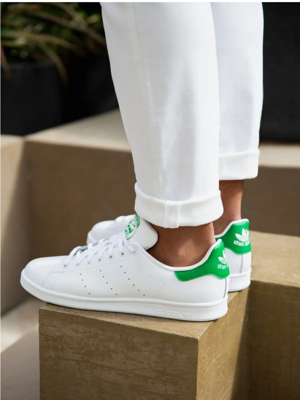 Women’s adidas White Leather Low-Top Sneakers with Green Heel Tab